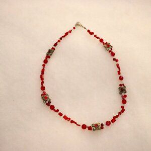 Antique Vintage style red beaded wire necklace 6" choker modern art necklace